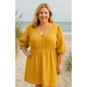 Women's AVA & VIV Yellow Dress Sz 3X Linen Blend 3/4 Sleeve V-Neck Elastic Waist